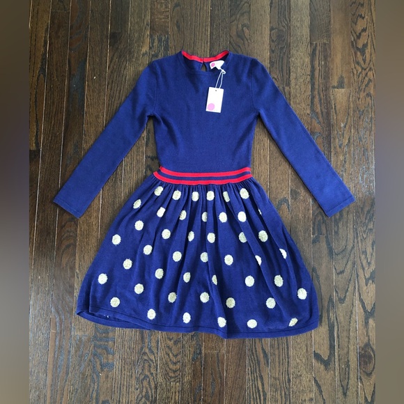 Boden Other - Mini Boden Girls 9-10Y Navy/Red Long-Sleeved Ribbed Dress w/Gold Polka Dot Skirt